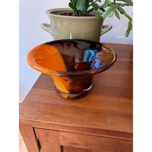 Art Glass Orange And Amber/Purple Vase Bowl Top Hat Design VTG 8.5”x 4.75”
